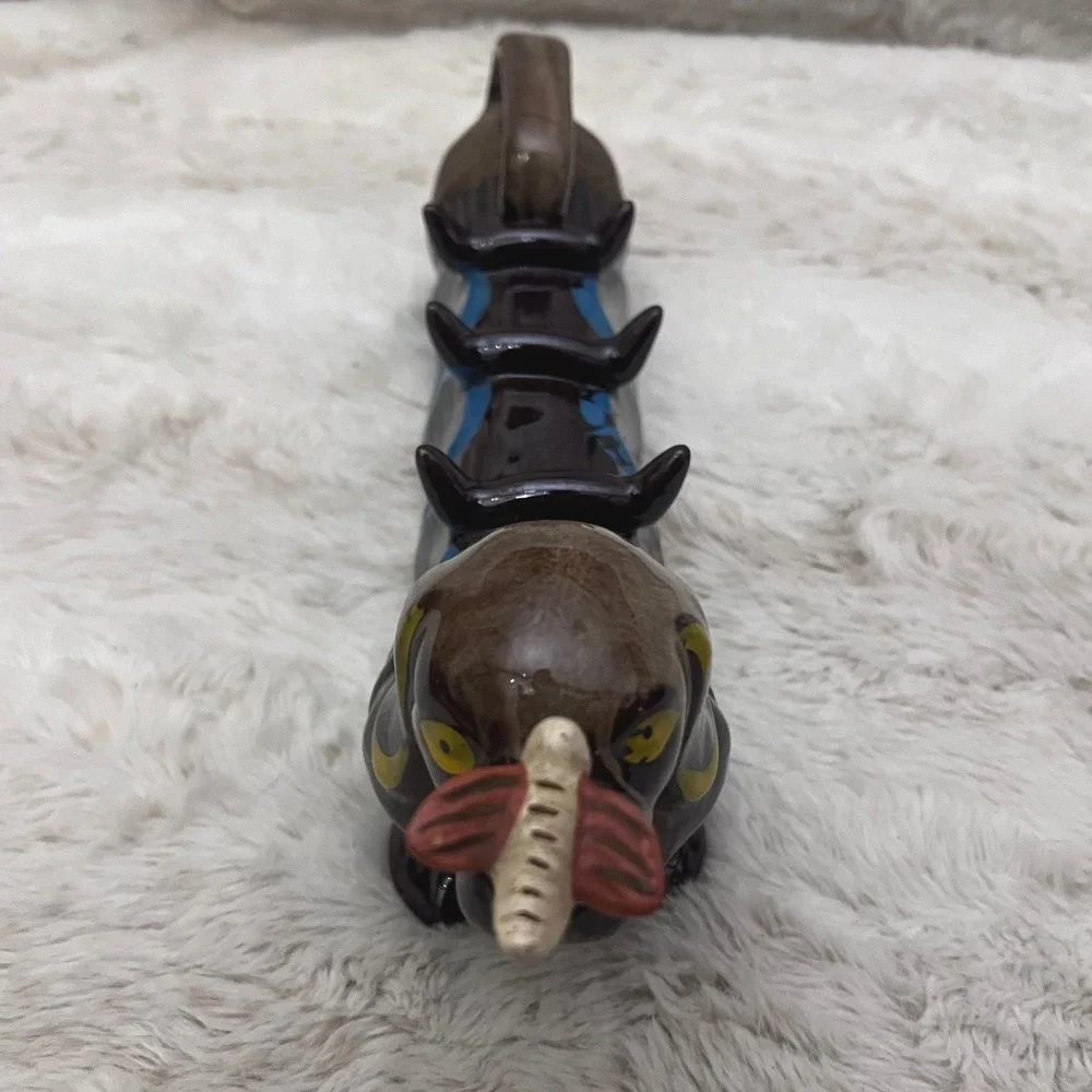 Suki Dachshund Wiener Dog Japanese Decanter Vintage Ceramic Brown Blue Dragonfly